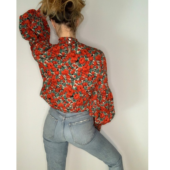 Vintage Floral Rose Cropped Puff Sleeve 70s Style Statement Party Blouse - Picture 10 of 15